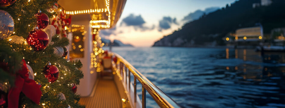 Christmas tree decorating luxury yacht sailing at sunset