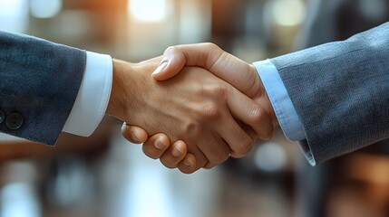 Confident business partners shaking hands in a modern office setting under bright lighting