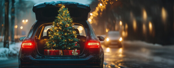 Car trunk with christmas tree and gifts on snowy evening street