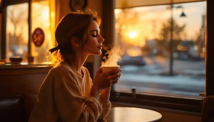 woman in diner at sunrise drinking hot steaming coffee and contemplating the day ahead