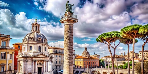 Obraz premium Stunning Landscape of Trajan's Column Surrounded by Ancient Ruins in Rome's Historic Center