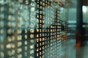 Digital numbers glow in a futuristic cascade, symbolizing technology's pervasive, dynamic flow within an abstract, modern space.