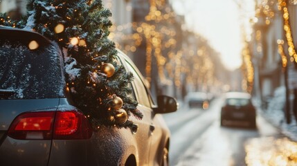 Car carrying christmas tree on roof driving home on snowy city street