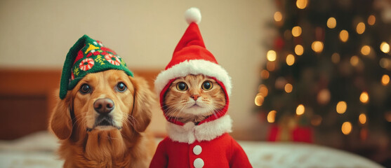 Cute golden retriever and tabby cat wearing christmas costumes posing on a bed