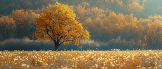 Autumnal tree stands in field of yellow grass with blurred forest background