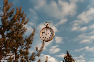 A vintage clock hangs whimsically among tree branches, blending timelessness with nature under a sky filled with fluffy clouds, evoking nostalgia.