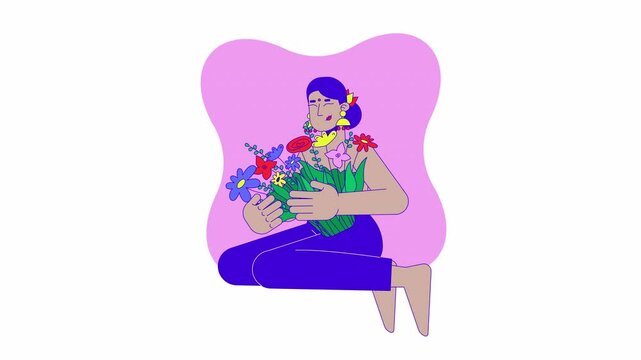 Celebrating resilience after lumpectomy 2D animation. 4K video motion graphic. Breast cancer survivor hindu bindi woman embracing florals animated character cartoon flat concept, white background