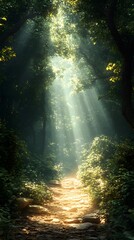 Obraz premium A serene forest path illuminated by sunlight filtering through the trees.
