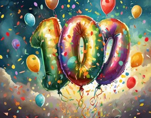 Birthday / anniversary balloon, number 100, colorful illustration with confetti and festive decoration
