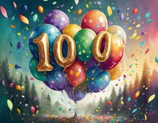 Birthday / anniversary balloon, number 100, colorful illustration with confetti and festive decoration