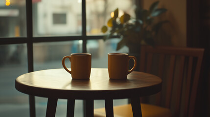 Minimalist coffee setup for two on round wooden table with soft window lighting