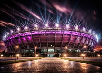 Fototapeta premium Stunning Night Photography of a Stadium Illuminated with Vibrant Purple Lights and Reflectors for Dynamic Visual Appeal
