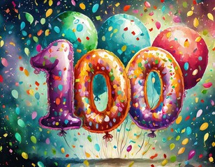 Birthday / anniversary balloon, number 100, colorful illustration with confetti and festive decoration