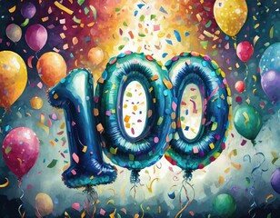 Birthday / anniversary balloon, number 100, colorful illustration with confetti and festive decoration