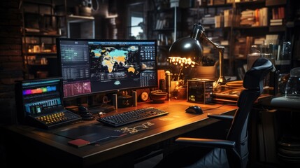 A modern workspace with a high-tech computer setup for data analysis or programming.