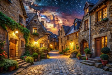 Naklejka premium Stunning Nighttime Panoramic View of a Stone Village with Illuminated Windows for Scenic Stock Photography