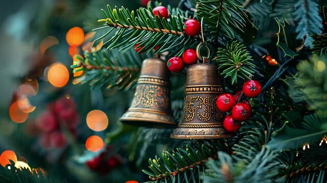 This Decorative bells dangle among evergreen branches and vibrant red berries during the holiday season.