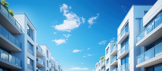 Modern apartment buildings under a clear blue sky, showcasing contemporary architecture.