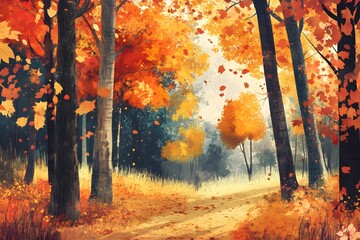 Fototapeta premium A winding path through a colorful autumn forest with tall trees and falling leaves.