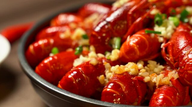 Summer gourmet garlic crawfish close-up 4K