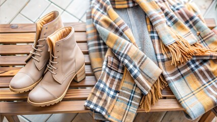 Plaid Coat and Tan Boots on Wooden Bench, Autumn Style