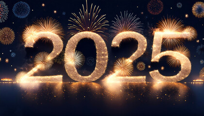 combination of the number 2025 with the best design and a combination of festive elements and ornaments such as fireworks exploding among the stars of the night sky floating or flying