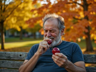 Fototapeta premium Elderly Man Enjoying Fresh Apples in Autumn Park