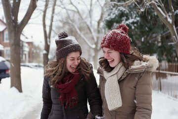 Fototapeta premium Two friends laugh joyfully, wrapped in cozy winter clothes, as snowflakes fall softly around them in a winter wonderland.