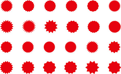 Starburst red sticker set - collection of special offer sale oval and round shaped sunburst labels and badges. Promo stickers with star edges. Vector.