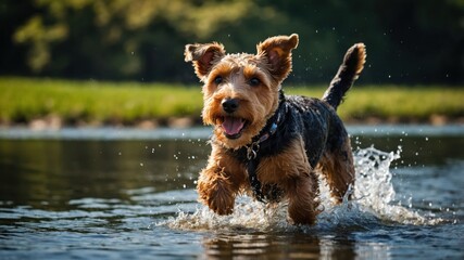 A playful dog splashes through water, enjoying a sunny day outdoors.