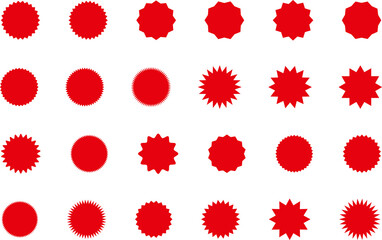 Starburst red sticker set - collection of special offer sale oval and round shaped sunburst labels and badges. Promo stickers with star edges. Vector.