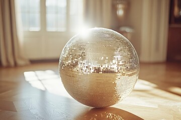 A Shiny Disco Ball Resting on a Wooden Floor