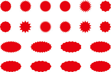 Starburst red sticker set - collection of special offer sale oval and round shaped sunburst labels and badges. Promo stickers with star edges. Vector.