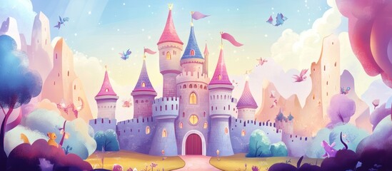 A whimsical cartoon castle with glowing windows and flying birds in a colorful landscape.