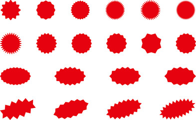 Starburst red sticker set - collection of special offer sale oval and round shaped sunburst labels and badges. Promo stickers with star edges. Vector.