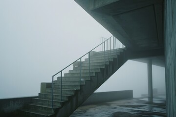 Concrete stairs ascend into the thick mist, creating an air of mystery and anticipation in an otherwise minimalist urban landscape.