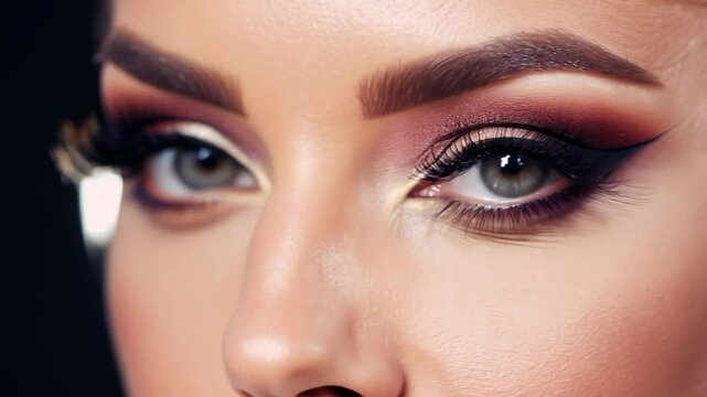 Close-up beauty video showcasing dramatic eye makeup with winged eyeliner and long lashes