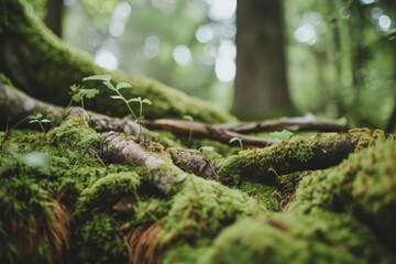 Obraz premium Lush, moss-covered roots weave through a vibrant forest, evoking mystery and serenity in a pure, untouched natural environment.