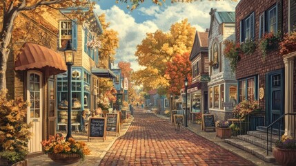 Naklejka premium A charming street lined with colorful shops and brick sidewalks, bathed in the warm glow of autumn foliage.