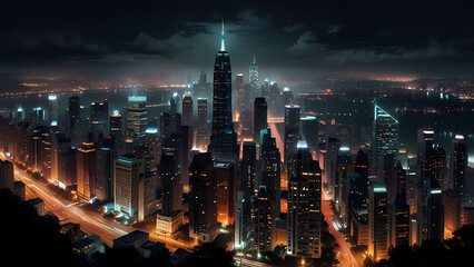 Fototapeta premium Lively cityscape at night illuminated by city lights