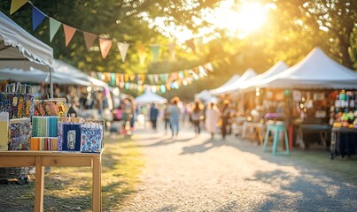 Obraz premium A vibrant outdoor market with colorful stalls and happy visitors enjoying the atmosphere.