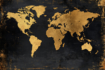 A luxurious world map in metallic gold on a dark textured background blending vintage and grunge styles to create a rich aesthetic
