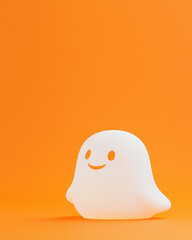 Fototapeta premium A cute ghost-shaped night light, in a white color with a smiling face on an orange background. Minimal Halloween idea with copy space