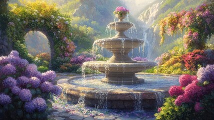Serene Fountain in Colorful Garden Landscape