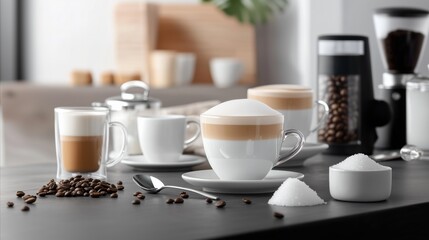 Fototapeta premium Table with a variety of coffee cups and a spoon, with a white sugar bowl