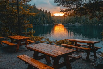 Fototapeta premium Wooden Picnic Tables by a Serene Lake at Sunset