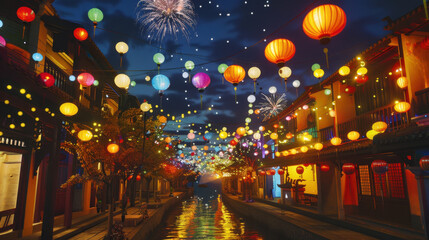 A colorful street decorated with lanterns and lights