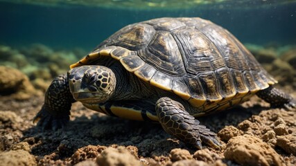 A close-up of a turtle swimming near the ocean floor, showcasing its detailed shell.