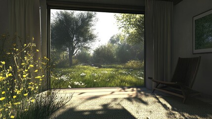 Fototapeta premium Tranquil View of a Lush Green Landscape from a Room