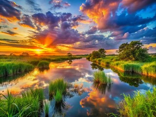 Sunset Over Restored Wetland: Nature's Reflection and Environmental Stewardship